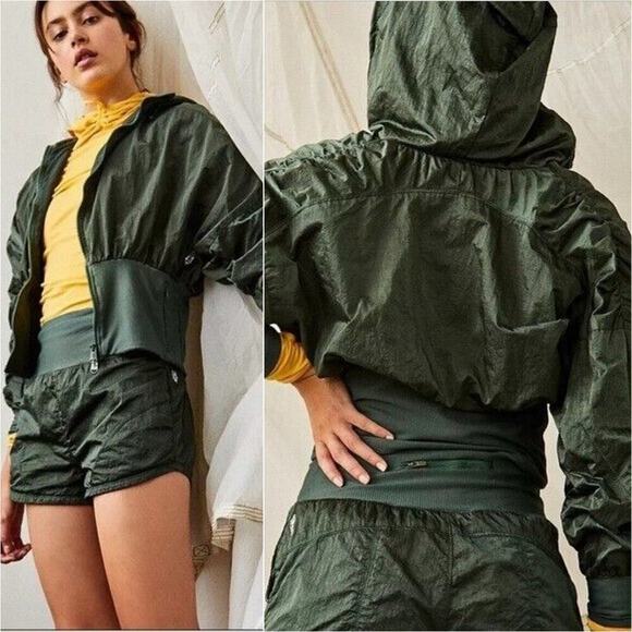 Free People Start Me Up Cropped Green Athletic Hoodie Jacket Size Large - Picture 1 of 8